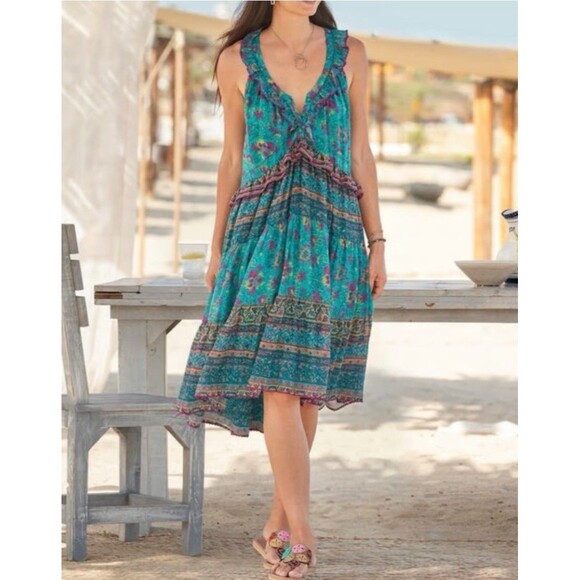 Sundance Dresses & Skirts - Sundance Size M Teal Floral Ruffle Tiered Midi Dress Cotton Boho Hippie Chic